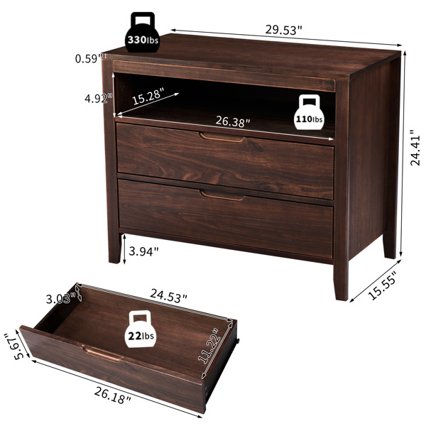 Brown P2 density board + solid wood veneer frame 75*40*61CM two drawers with upper compartment bedside table mid-century modern-7