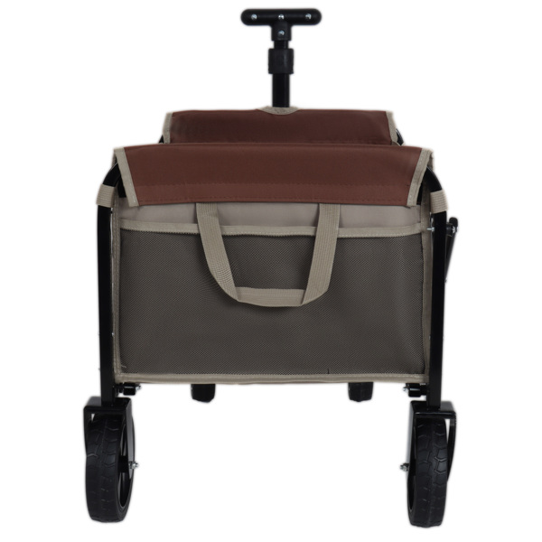 All-in-One Convertible Folding Camping Wagon Cart: Bench Seat, Storage Compartment & Included Dog Tether, Beige/Brown -3