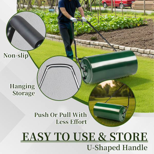 24in Heavy Duty Steel Lawn Roller, Garden Roller Can Be Filled with Water or Sand, Hand Roller with U-shaped Handle, Green & Black-15