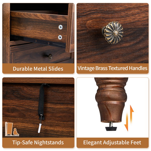 Brown P2 particle board with 3D paper + solid wood legs 63*44.5*68.5CM three drawers bedside table 1pcs-4