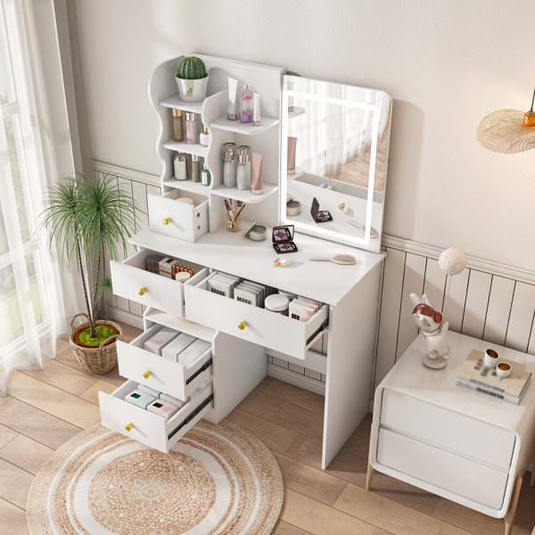 White dressing table, mirror and LED light, 5-drawer dressing table, movable and hidden mirror, 3-color mode touch screen, storage organizer for women's and girls' bedrooms -12