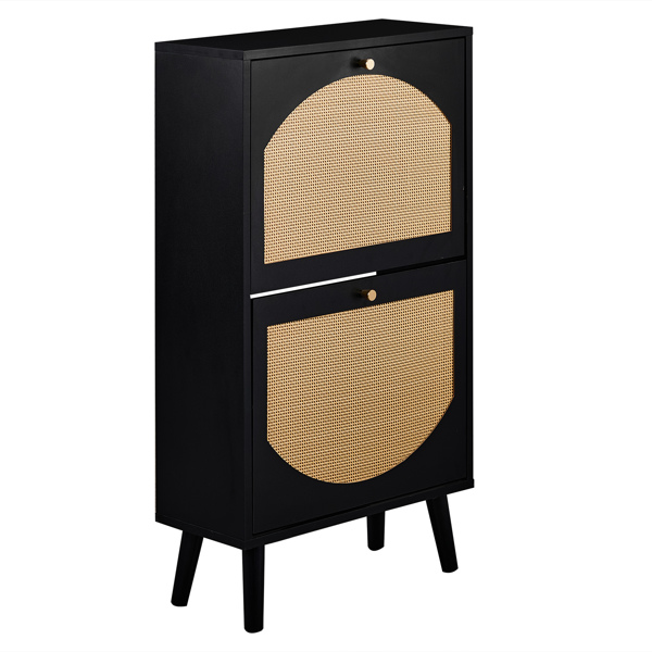 2 dump buckets with high-leg arched rattan surface shoe cabinet particle board + plastic rattan 54*24*98cm black frame + original wood rattan surface + black high legs-11