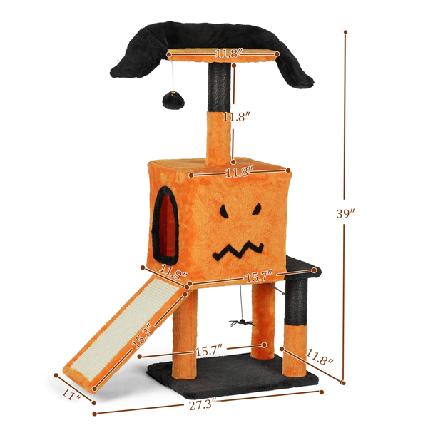 39.4" Halloween Cat Tree, Cat Tower Cat Tree for Indoor Cats with Spacious Cat Condo, Sisal Scratching Posts, Hanging Toys, Orange & Black-11