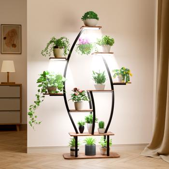Plant Stand Indoor with Grow Lights, 9 Tiered Indoor Plant Shelf, 59" Tall Corner Plant Stand for Indoor Plants Multiple, Metal Plant Flower Holder, Leaf-Shaped Plant Rack for Home,Patio