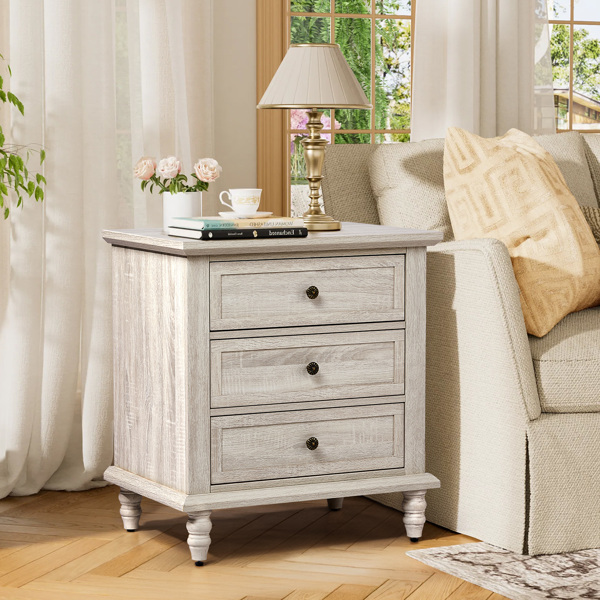 Retro white P2 particle board with 3D paper + solid wood legs 63*44.5*68.5CM three drawers bedside table 1pcs-6
