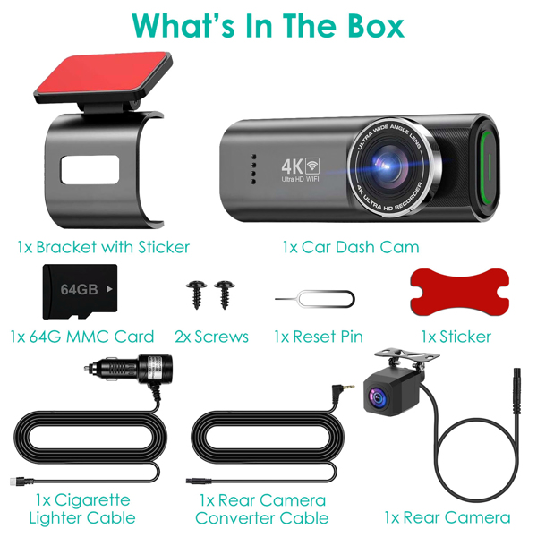 4K+1080P Dual Dash Cam Front & Rear with WiFi & Free 64 GB Card | 140°/120° Wide-Angle Loop Recording | G-Sensor & Night Vision | Mini Aluminum Alloy Car Camera, Easy Install-12