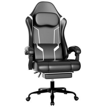 Ergonomic Gaming Chair, Video Game Chair with Pocket Spring Cushion and Footrest, Height Adjustable Computer Chair with Swivel Seat and Headrest (Faux Leather, Off-White)