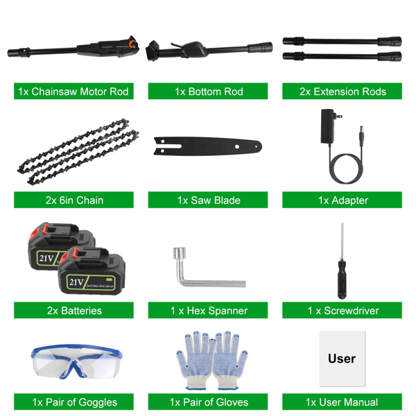 Cordless Pole Saw 7.4FT Telescopic Electric Chainsaw, 775W 39000RPM Brush Motor, 2×3000mAh Battery 60Min Runtime, Safety Switch, Gloves & Goggles Included, Tree Trimmer for Garden Yard Farm-10