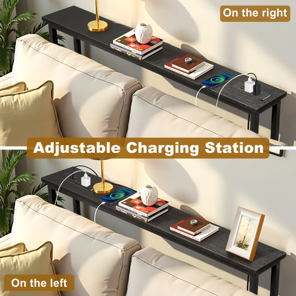 39.4" Narrow Console Sofa Table with Power Outlets and USB Ports, Skinny Couch Table with Metal Frame and Charge Station with 4.9ft Extension Cord, Black-10