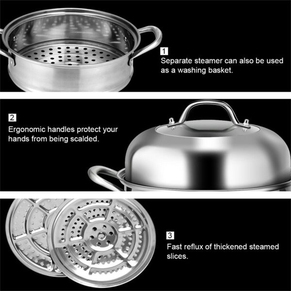 Stainless Steel Multi-Cook Steamer - 3-Tier Design with Reflux Steaming Grids, 8QT Bottom Pot, Tempered Glass Lid-3