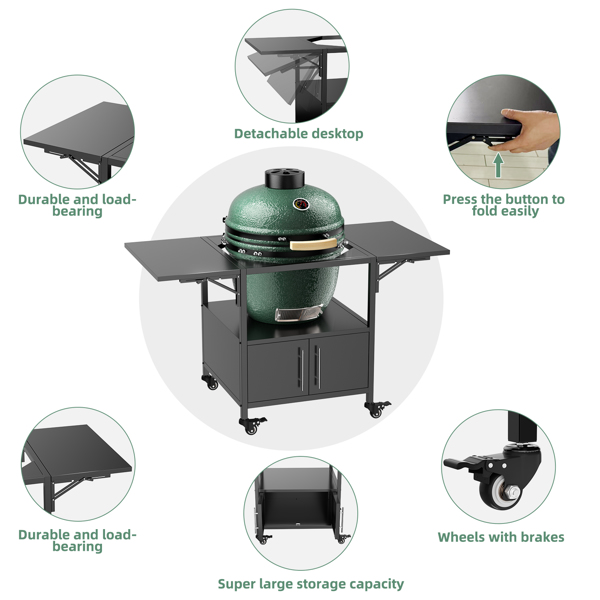 户外烧烤桌，适用于 Big Green Egg 式烧烤炉，金属烧烤车，带 2 个折叠面板，可与高达 Large Green Egg 的 Kamado Joe Jr 兼容-9