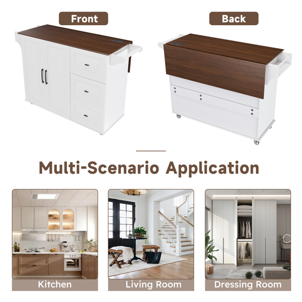 White Kitchen Island Cart with Foldable Tabletop & Drop Leaf - Mobile Breakfast Bar on Wheels with Wood Top and Storage-3