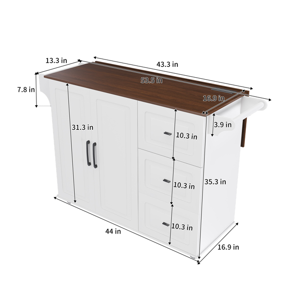 White Kitchen Island Cart with Foldable Tabletop & Drop Leaf - Mobile Breakfast Bar on Wheels with Wood Top and Storage-1