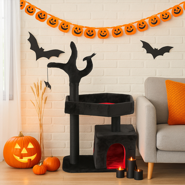 44.5" Heavy Duty Gothic Cat Tree Large Cat Tower Cat Tree for Indoor Cats Spacious Cat Condo Coffin for Large Cats Scratching Posts Hanging Ball Pet Activities Platform Cat Furniture-10