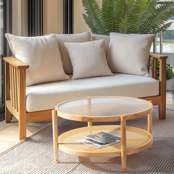 31.5in Rattan Coffee Table with Glass Top, Round End Table, Boho Style Side Table Sofa End Table for Living Room Balcony Patio, Natural-7