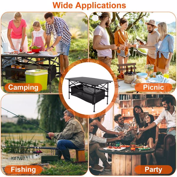 220 lbs Folding Camping Table – 30-Second Tool-Free Setup, Aluminum Roll-Top & Steel Frame, Detachable Mesh Basket, Portable Outdoor Picnic/BBQ/Beach Table with Carry Bag-2