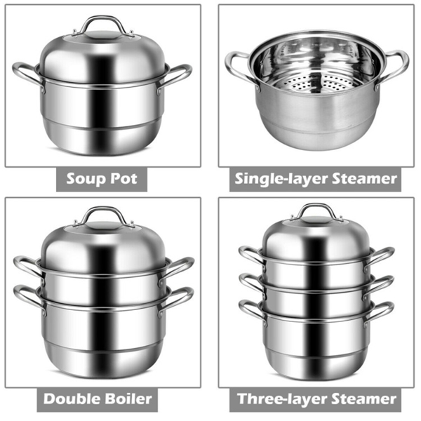 Stainless Steel Multi-Cook Steamer - 3-Tier Design with Reflux Steaming Grids, 8QT Bottom Pot, Tempered Glass Lid-6