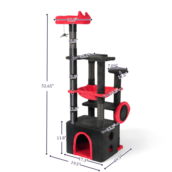 53" Large Cat Tree, Gothic Cat Tower with Padded Perch, Spacious Condo, Comfy Hammock, Scratching Post, Hanging Toy for Indoor Cats, Red & Black-11
