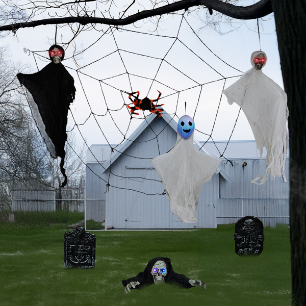 Outdoor Halloween Decorations 8-Piece Set, Hanging Ghosts Decor and Cobweb and Gravestone with Lighted Up Eyes, Scary Swinging Ghost Flying for Yard Patio Lawn Garden-12