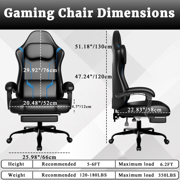 Ergonomic Gaming Chair, Video Game Chair with Pocket Spring Cushion and Footrest, Height Adjustable Computer Chair with Swivel Seat and Headrest (Faux Leather, Blue)-2