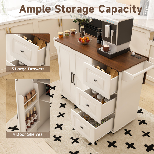 White Kitchen Island Cart with Foldable Tabletop & Drop Leaf - Mobile Breakfast Bar on Wheels with Wood Top and Storage-6