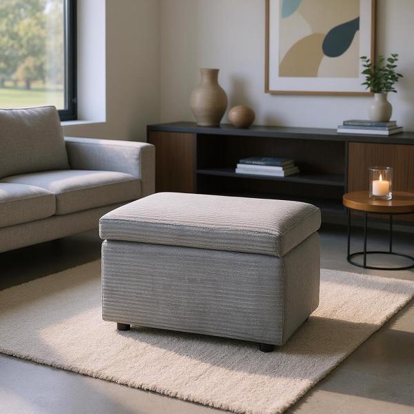 Dark Gray Corduroy Upholstered Storage Ottoman with Black Round Rubber Feet – 63×43×43cm, Hidden Storage with Soft Seating-1