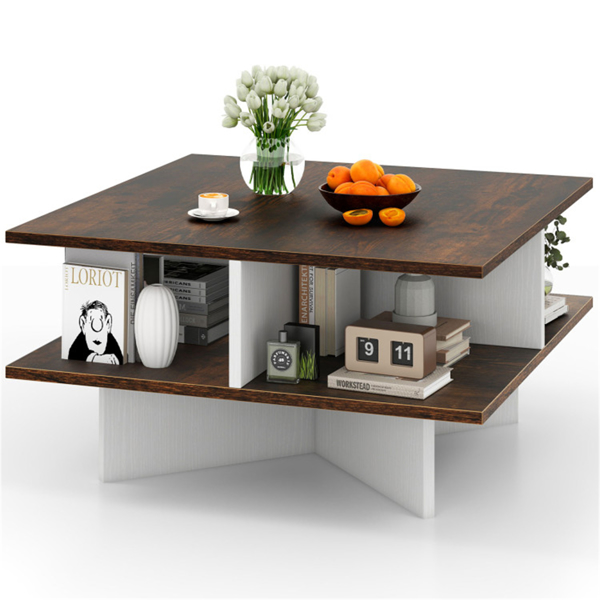 2-Tier Living Room Coffee Table - Square Design with 4 Storage Compartments-5
