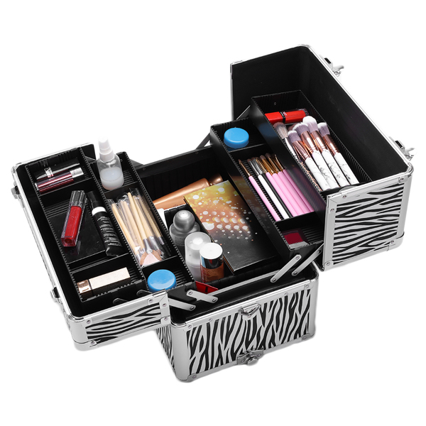 3 in 1 Aluminum Cosmetic Makeup Case Tattoo Box White Zebra Print-11
