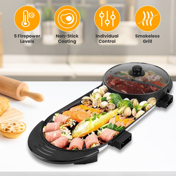Dual-Electric 2 in 1 Hot Pot & Grill Combo, 2200W Rapid-Heat Indoor , 3.7 QT Non-Stick Hotpot Separate Temp Control , Apartment-Friendly Party Cooker-3