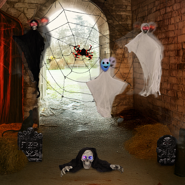 Outdoor Halloween Decorations 8-Piece Set, Hanging Ghosts Decor and Cobweb and Gravestone with Lighted Up Eyes, Scary Swinging Ghost Flying for Yard Patio Lawn Garden-11