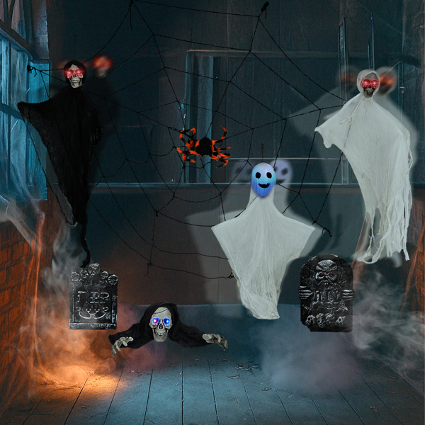 Outdoor Halloween Decorations 8-Piece Set, Hanging Ghosts Decor and Cobweb and Gravestone with Lighted Up Eyes, Scary Swinging Ghost Flying for Yard Patio Lawn Garden-4
