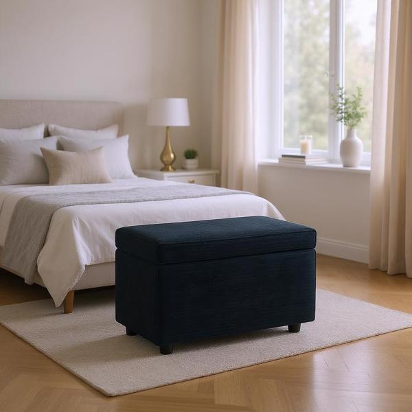 Black Corduroy Upholstered Storage Ottoman with Black Round Rubber Feet – 63×43×43cm, Hidden Storage with Soft Seating-1