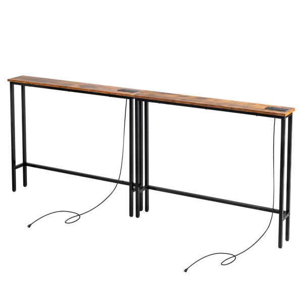 2 Pack 39.4" Narrow Console Sofa Table with Power Outlets and USB Ports, Long Couch Table with Metal Frame and Charge Station with 4.9ft Extension Cord, Rustic Brown-3