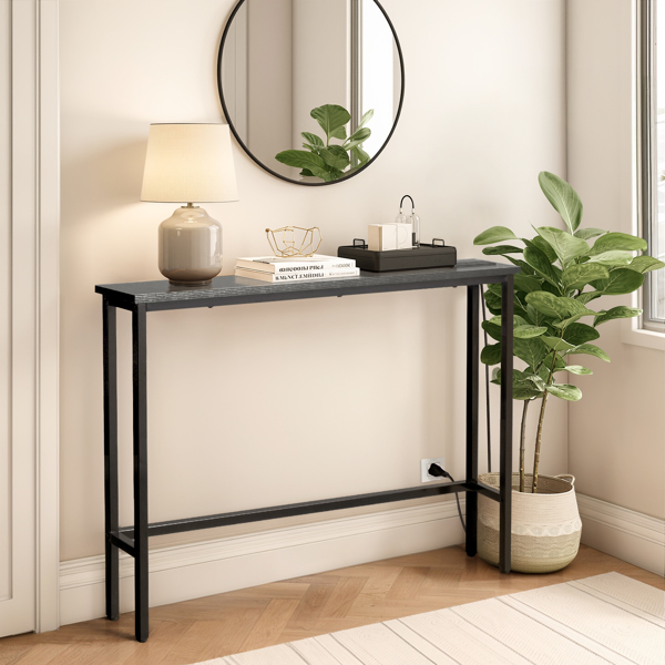 39.4" Narrow Console Sofa Table with Power Outlets and USB Ports, Skinny Couch Table with Metal Frame and Charge Station with 4.9ft Extension Cord, Black-7