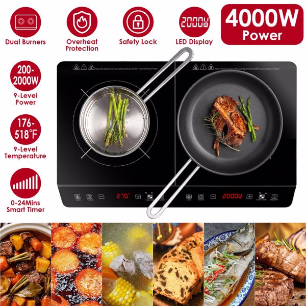 Double Induction Cooktop,  Portable Dual Countertop Burner with Sensor Touch, 4000W  Induction Cooktop 2 Burner, Electric Countertop Cooker with 9 Temp & Power Levels, 3-Hour Timer,Safety Lock-1
