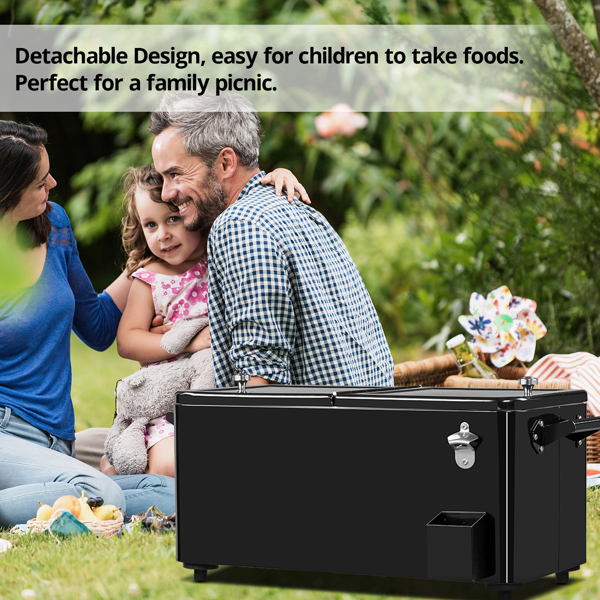 80 Quart Rolling Ice Chest, Portable Bar Drink Cooler with Catch Basin, Bottom Storage Tray and Bottle Opener for Patio Party BBQ Beach Activities-12