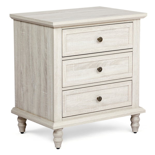 Retro white P2 particle board with 3D paper + solid wood legs 63*44.5*68.5CM three drawers bedside table 1pcs-13