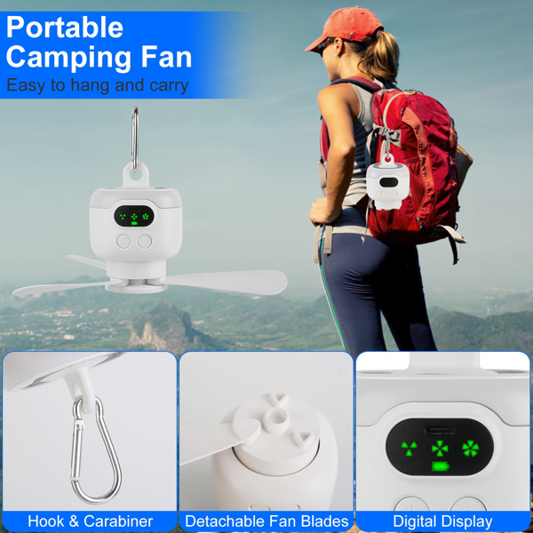 2 In 1 Portable Camping Fan with LED Lantern 8000mAh Battery Powered Tent Fan with Carabiner Digital Display 4 Speeds 4 Timer Settings for Camping Canopy Tents RV-9