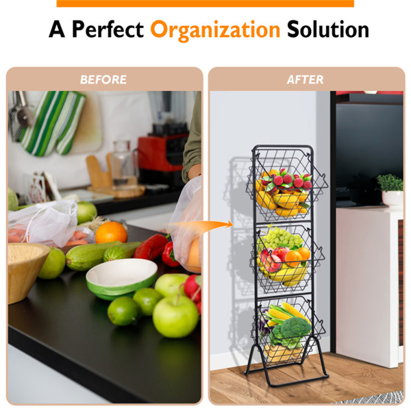 3-Tier Fruit Basket Stand - Removable Wire Bowls, Convertible to 1/2 Tier, Steel Frame with Non-Slip Pads, Black-7