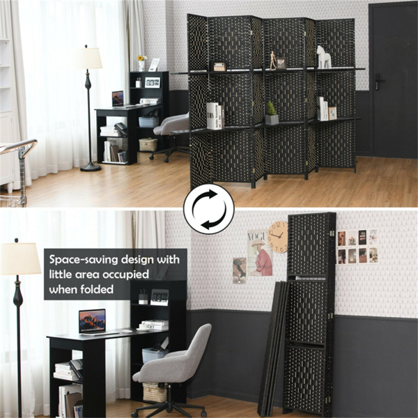 Foldable Room Screen with Storage Shelves - 106.5"x71" Max Size, Hand-Woven Fiber & Poplar Wood Frame, Black-10
