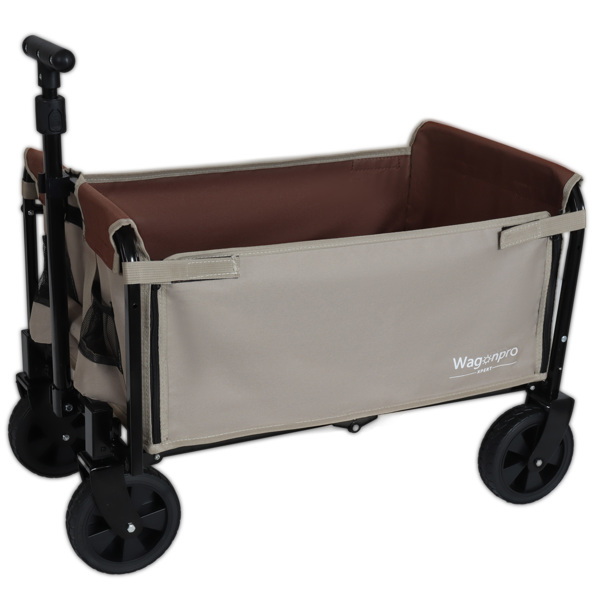 All-in-One Convertible Folding Camping Wagon Cart: Bench Seat, Storage Compartment & Included Dog Tether, Beige/Brown -17