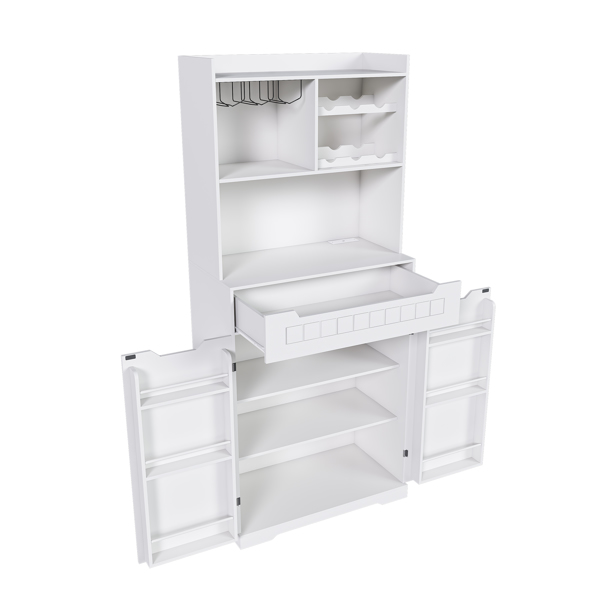 White Buffet Cabinet with Hutch - Modern Farmhouse Kitchen Storage Sideboard with 2 Drawers & Barn Doors, Coffee Bar Station or Liquor Cabinet for Dining Room, Living Room-3