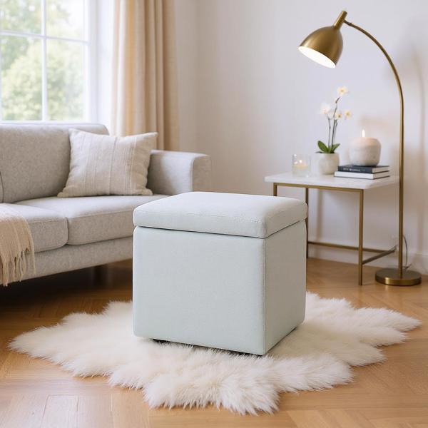 Beige Linen-Textured Storage Ottoman with Black Rubber Feet – Compact Square Seat with Hidden Storage, 42×42×44cm-1