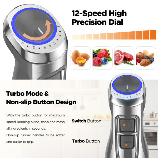 （Amazon has banned sales, no work during the weekend.）1000W Immersion Hand Blender, Stainless Steel Stick Blender with 12-Speed&Turbo Mode, 5-in-1 Handheld Blender with Chopper, Whisk and Frother -9