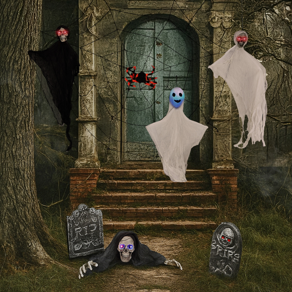 Outdoor Halloween Decorations 8-Piece Set, Hanging Ghosts Decor and Cobweb and Gravestone with Lighted Up Eyes, Scary Swinging Ghost Flying for Yard Patio Lawn Garden-9