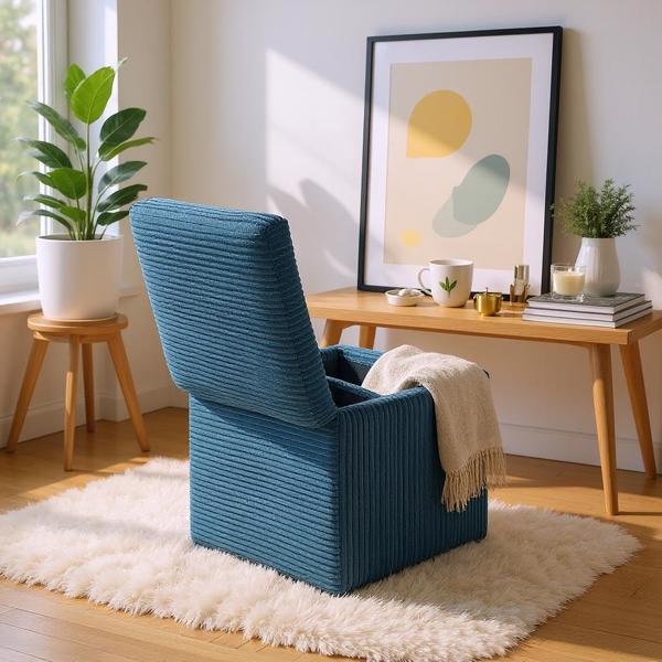Blue Corduroy Storage Ottoman with Rubber Feet – Compact Soft Cube Seat, 42×42×44cm-5