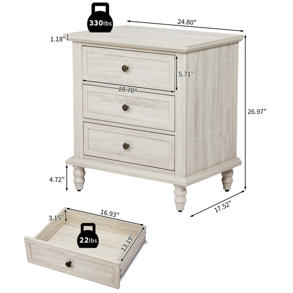 Retro white P2 particle board with 3D paper + solid wood legs 63*44.5*68.5CM three drawers bedside table 1pcs-19