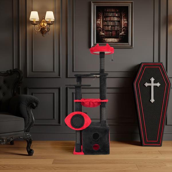 53" Large Cat Tree, Gothic Cat Tower with Padded Perch, Spacious Condo, Comfy Hammock, Scratching Post, Hanging Toy for Indoor Cats, Red & Black-10