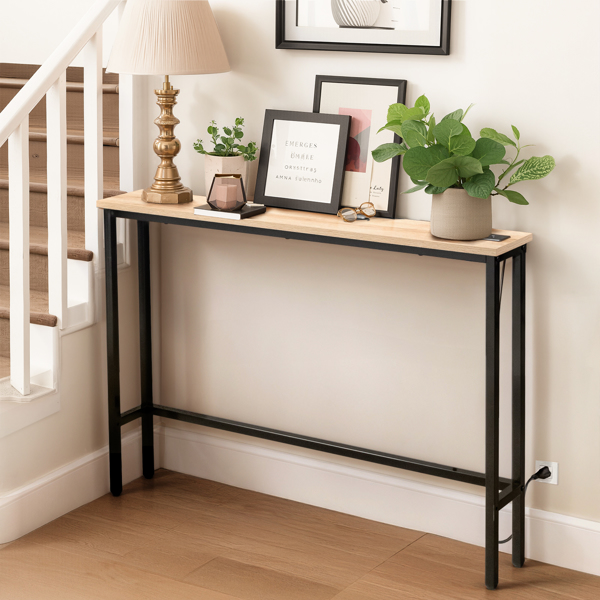 39.4" Narrow Console Sofa Table with Power Outlets and USB Ports, Skinny Couch Table with Metal Frame and Charge Station with 4.9ft Extension Cord, Oak-6