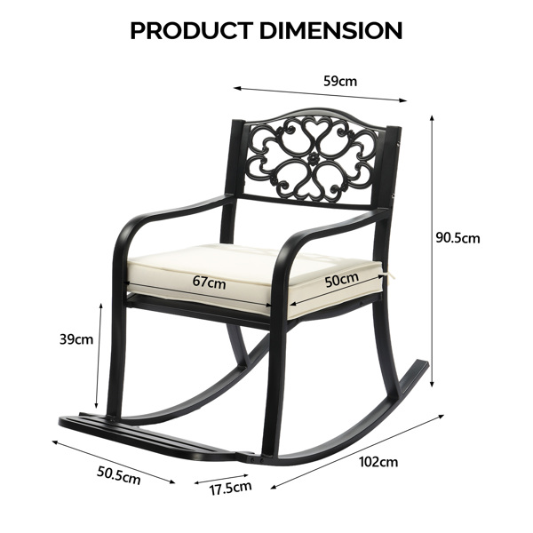 Metal Rocking Chair, Outdoor Rocking Bench with Cushion, Patio Rocker with Footrest, Weatherproof Rocking Chair for Outside, Patio, Garden, Flower Backrest-7